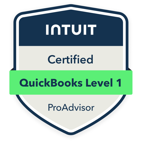 Certified QuickBooks Level 1 ProAdvisor badge from Intuit.