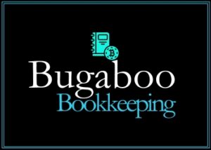 Logo for Bugaboo Bookkeeping with notebook and clock icon.