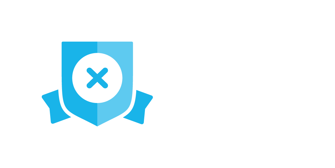 An illustrated badge with a blue shield and a circle containing a white X.