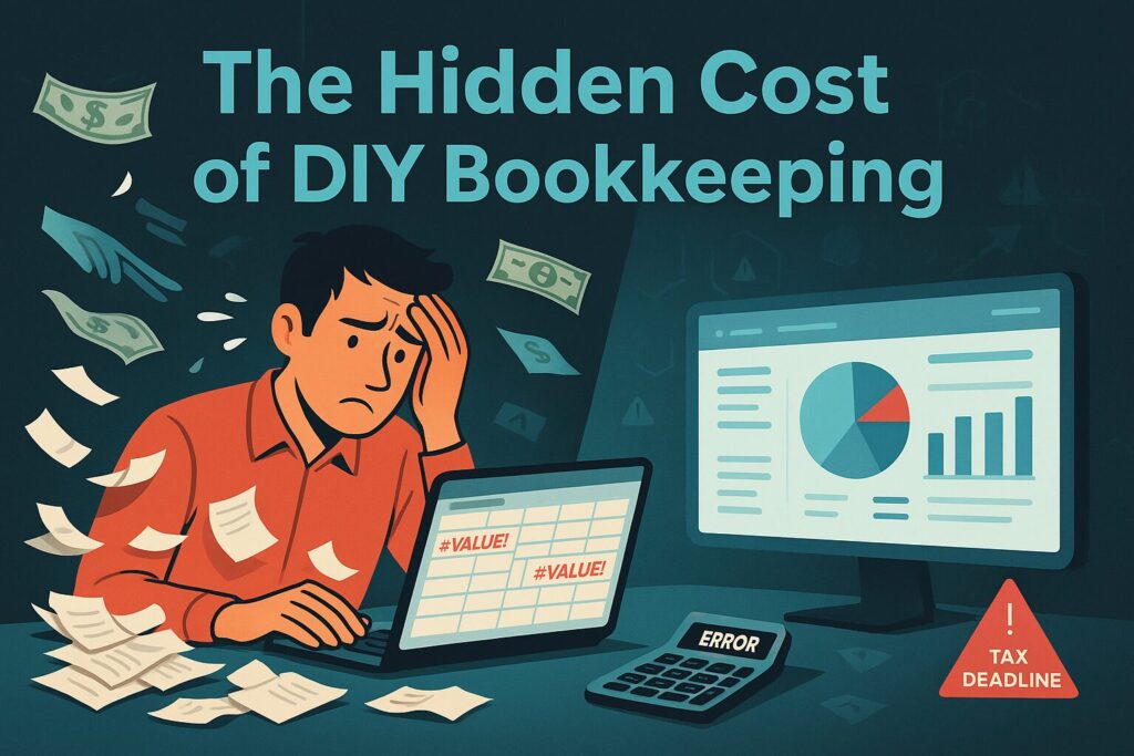 Man at a desk looking over spreadsheets.