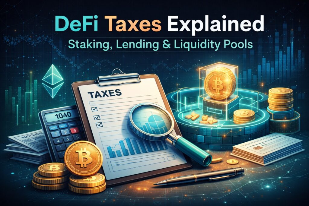 DeFi tax concepts with cryptocurrency visuals