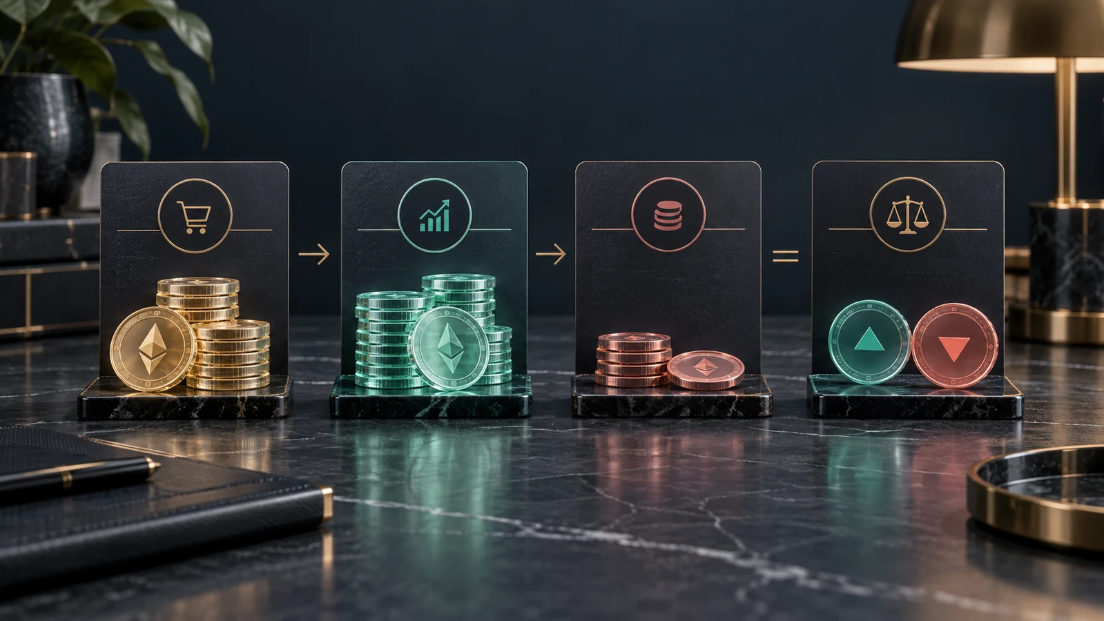 Cryptocurrency acquisition, sale proceeds, fee, and gain or loss arranged as ledger cards
