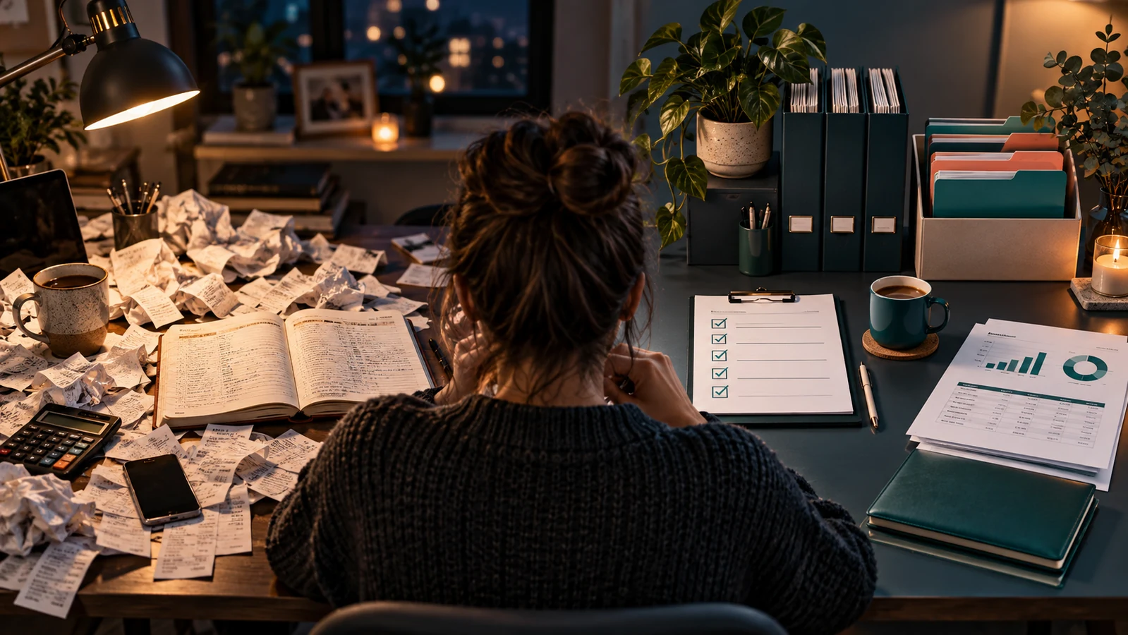 Business owner between scattered receipts and an organized monthly bookkeeping close