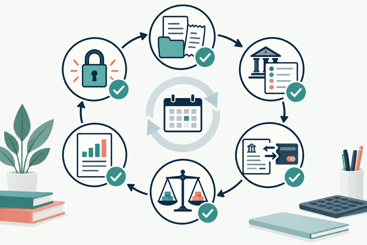 Circular workflow for documents, bank review, reconciliation, balance sheet, reports, and close lock