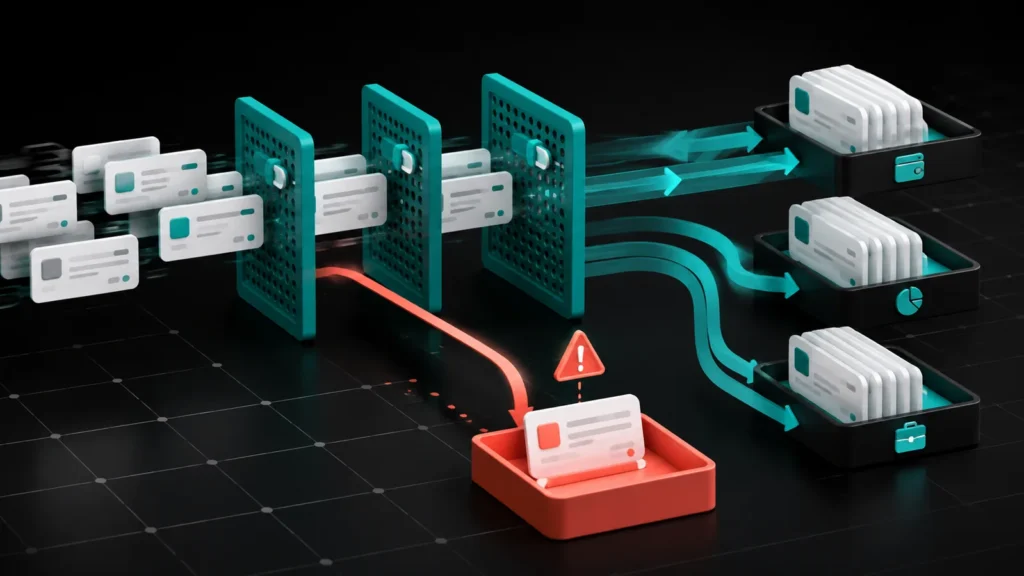 QuickBooks Online Bank Feed Rules: A Safe Setup Guide 2 Bank transactions passing through precise QuickBooks Online rule filters with uncertain activity held for review