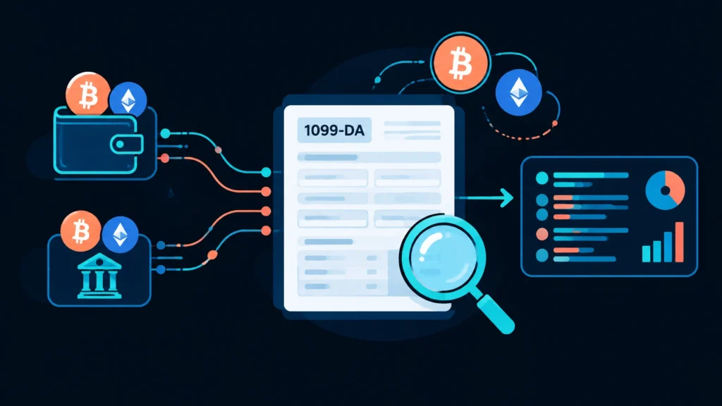 Illustration of Bitcoin and Ethereum transactions flowing from wallets to Form 1099-DA
